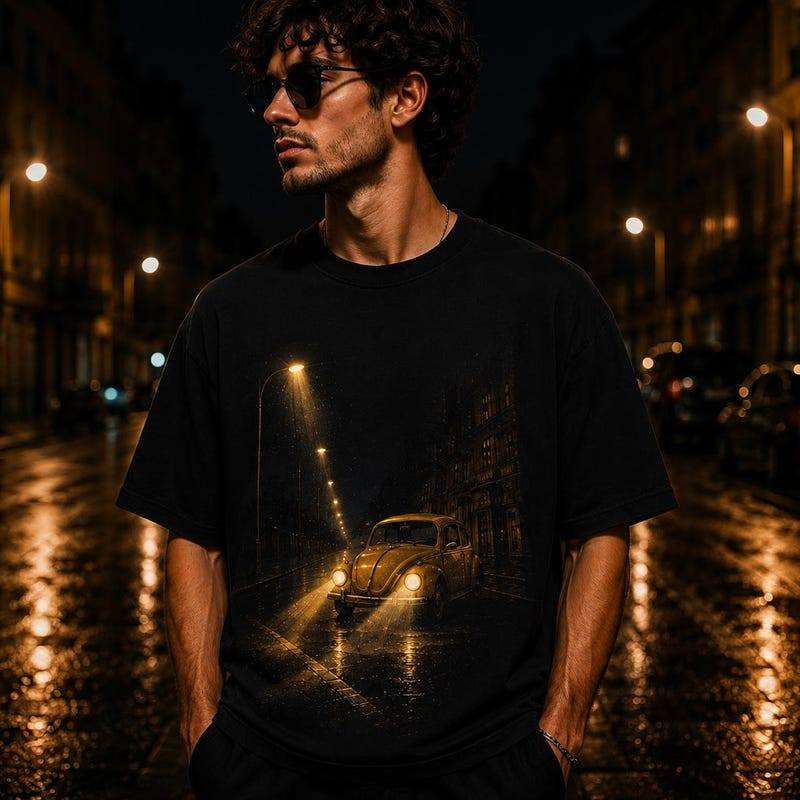 Camiseta Unissex Premium De Algodão Estampa Carro Fusca Vintage Rua Noturna Cor Preta Estilo Casual Para Passeios