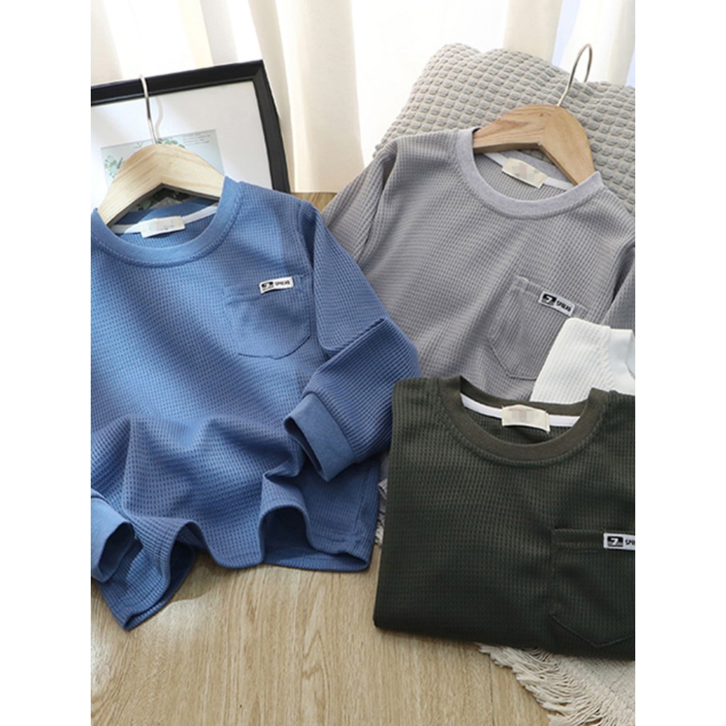 [Estoque de limpeza] Versão solta Waffle macio meninos camiseta de manga comprida médio grande crianças em torno do pesc