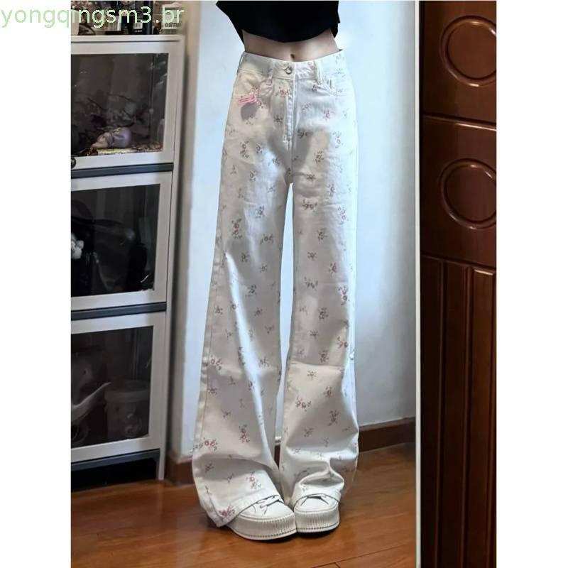 2024 Floral reto Jeans feminino doce picante verão fino solto cintura alta capa cruz mais magro olhar Casual calças de p