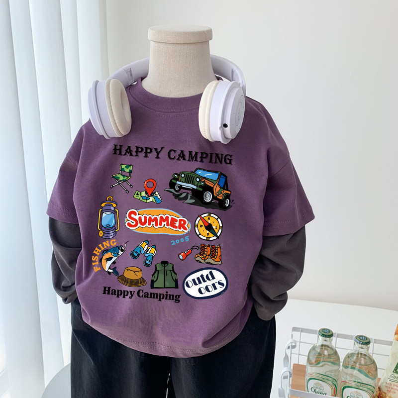 Crianças de manga comprida camiseta falsa de duas peças meninos estilo coreano usar primavera outono roupas de algodão p