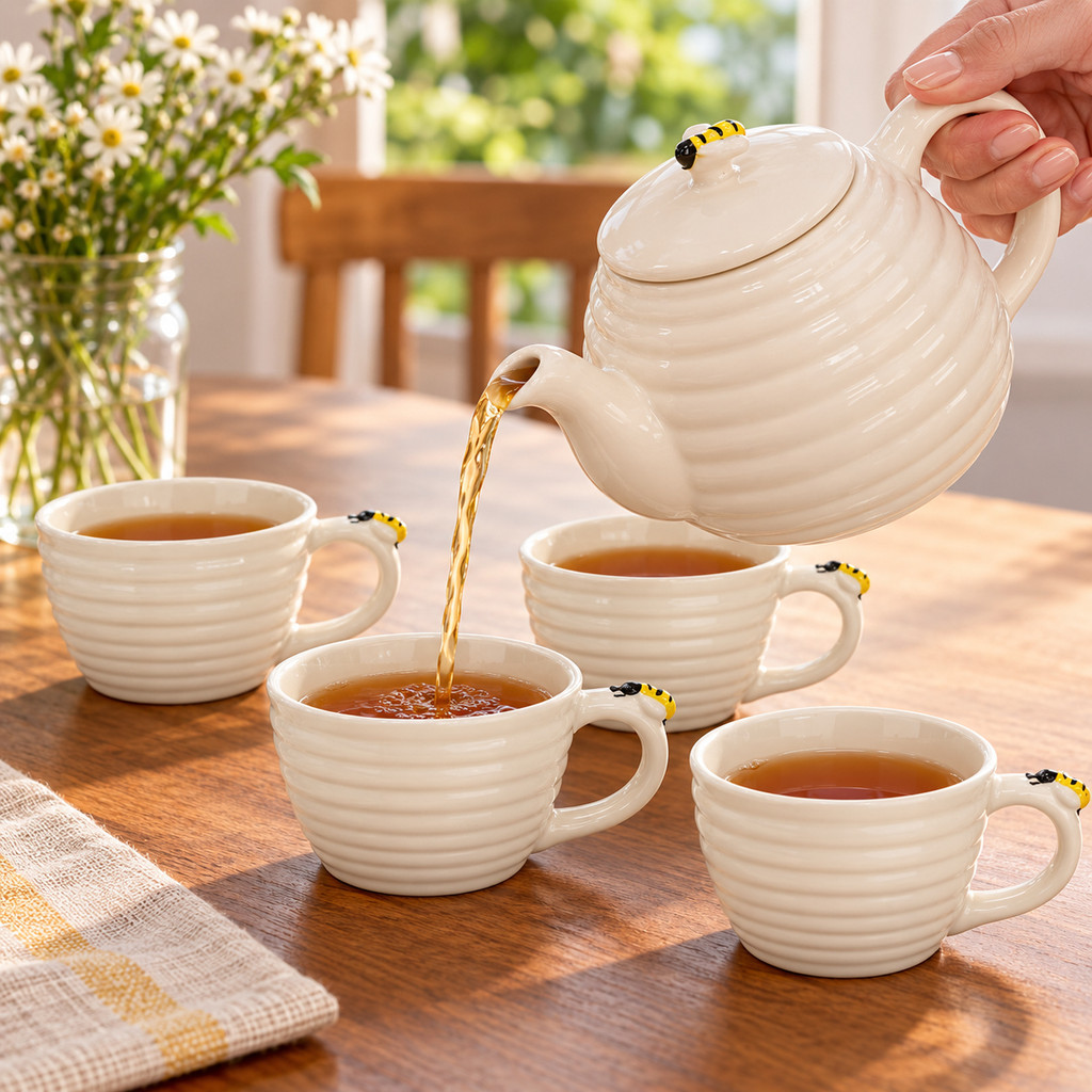 Kit Bule 600ml E 4 Xícaras Chá Bee Porcelana Hauskraft — imagem 2 de 2