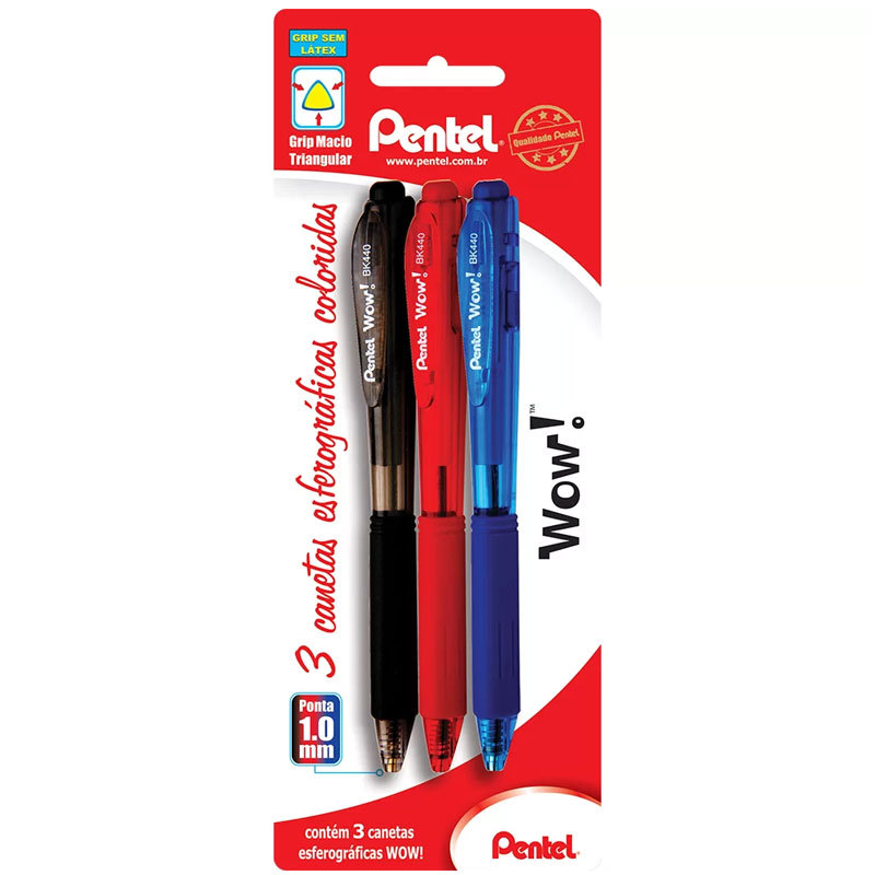 Caneta esferográfica WOW! 1.0 AZ/PT/VM com 3 unidades SM/BK440 Pentel