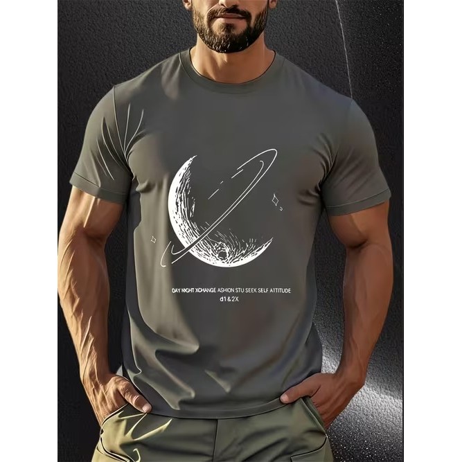 Camiseta Masculina Manga Curta Estampada Planeta Espacial Confortável Moderna Estilosa para Uso Casual Moda Tendência