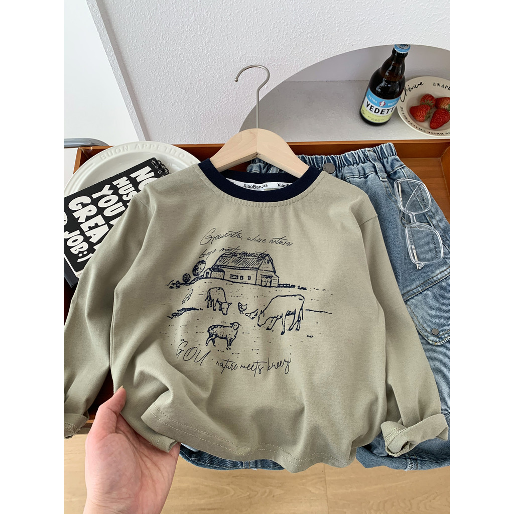 Crianças casuais meninos puro algodão manga comprida camiseta 2026 novo estilo primavera outono dos desenhos animados em