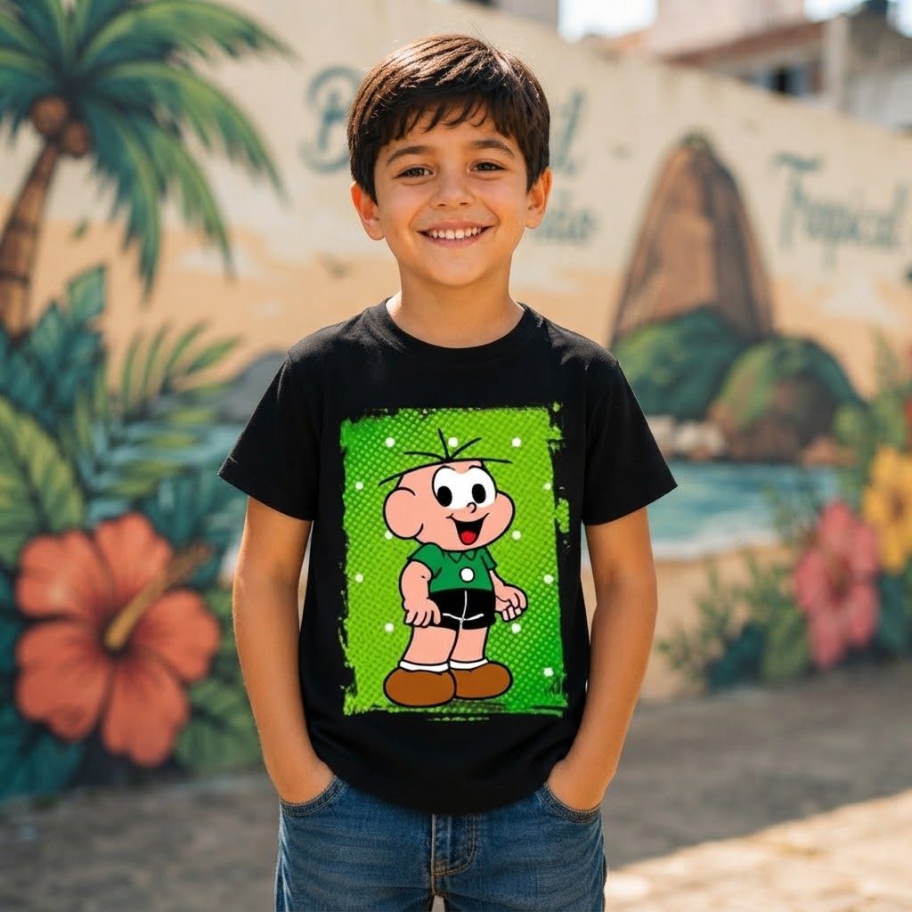 Camiseta Infantil Personagem Cabelo Espetado Fundo Verde Algodao Confortavel Blusa Juvenil Preta
