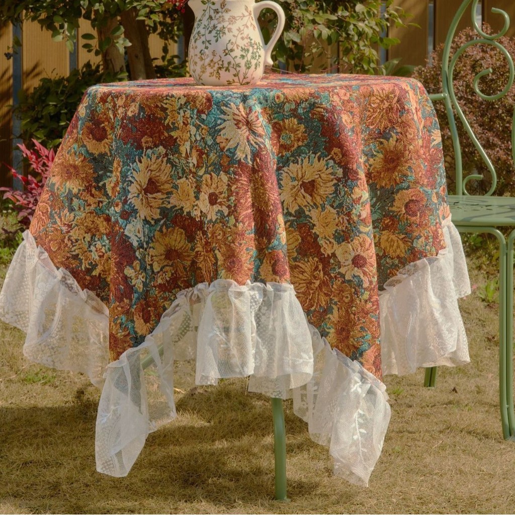 Toalha de mesa Jacquard laranja Monet pintura a óleo planta toalha de mesa ao ar livre renda babados Multi-Purpose capa 