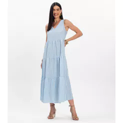 Vestido Midi Feminino Listrado Decote V Aishty Azul
