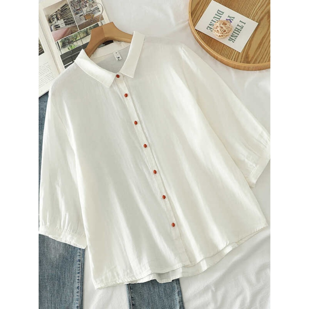 Camisa branca de algodão puro de verão literária dupla camada fio de algodão cor botão lapela camisa branca feminina man