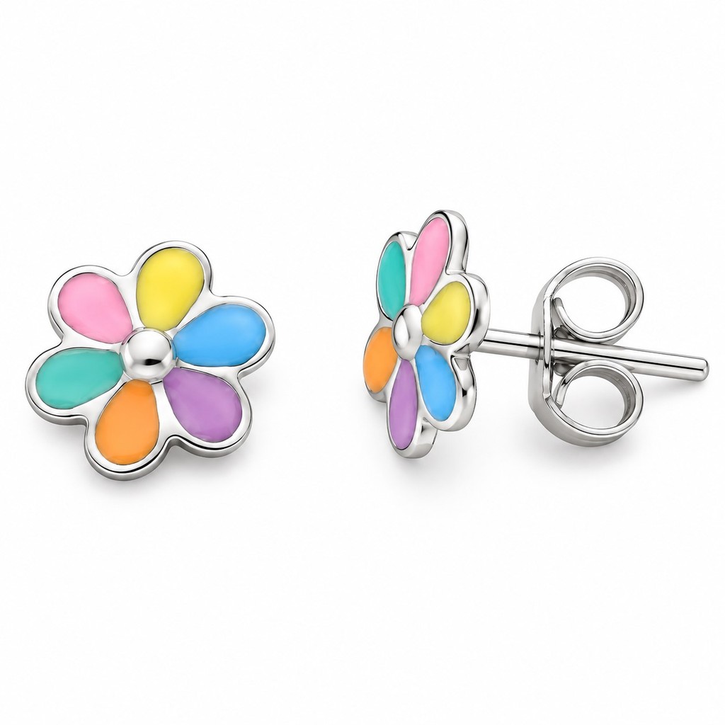 Brinco Infantil Flor Colorida em Aço Inox Antialérgico Premium