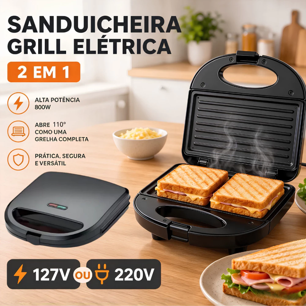 Sanduicheira pequena para cozinha 800W 127/220V Aquecimento Duplo Antiaderente Fácil de Limpar