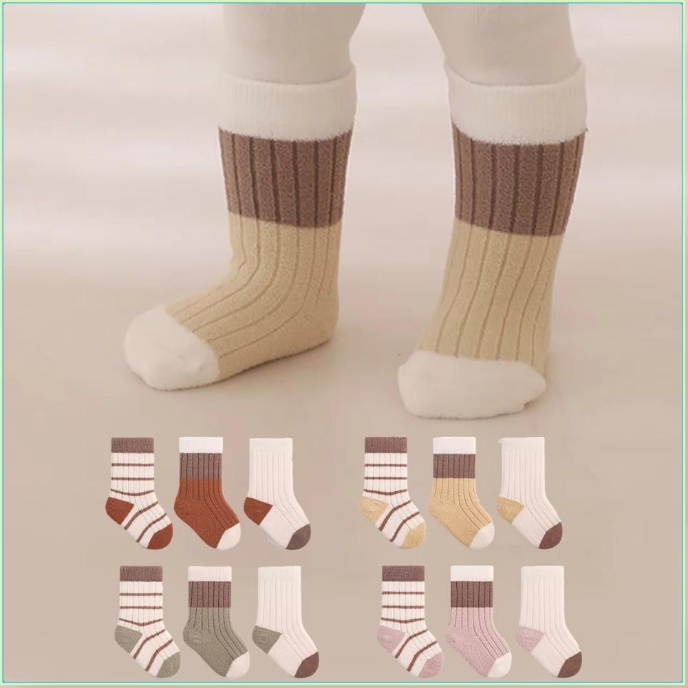 3 Pares De Meias De Pelúcia Para Bebês , Macias Listradas De Desenhos Animados Crianças , Calçados Térmicos Engrossados 
