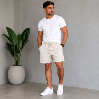Short de  Linho Masculino Casual Bermuda verão praia mauricinho com Bolso Cordão Ajustável Cintura Elástica Confortável