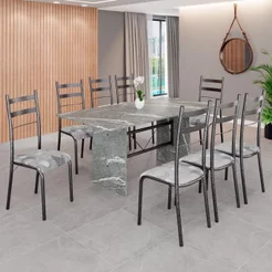 Conjunto Sala de Jantar Mesa Retangular 180x75cm Tampo Granito Topázio 8 Cadeiras Marselha Prata/Paraopeba/Mart
