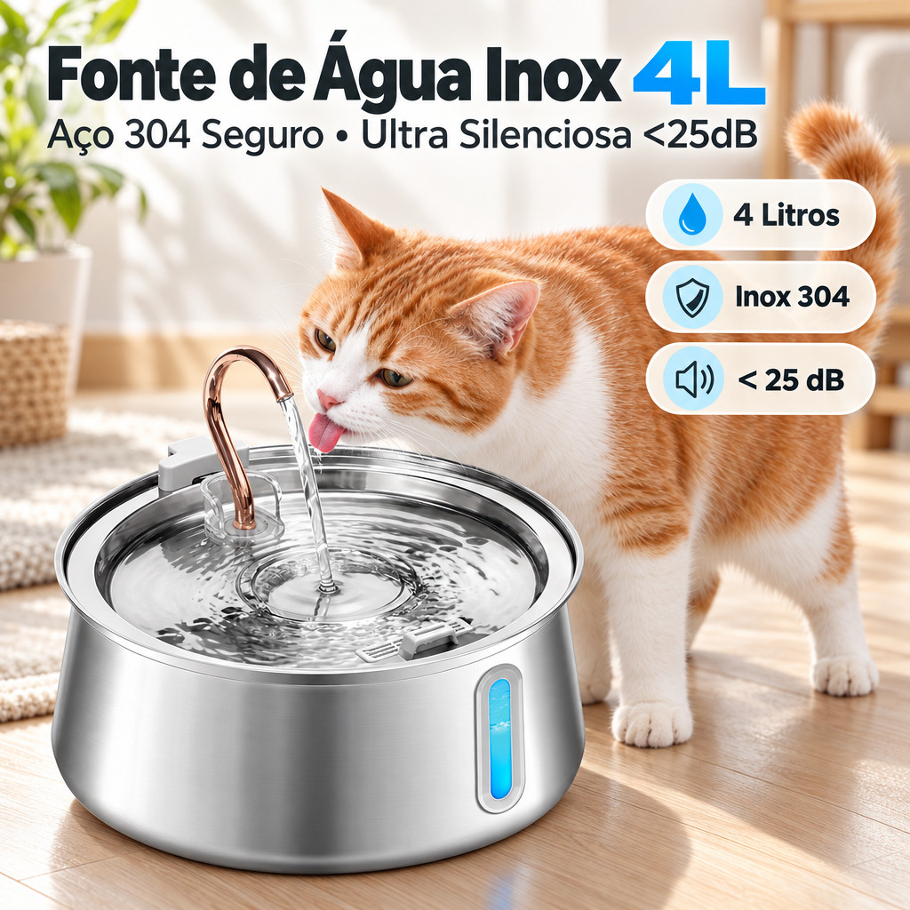 Newpet 4L Fonte de água para animais de estimação em aço inoxidável, com filtragem multicamadas, ideal para cães e gatos
