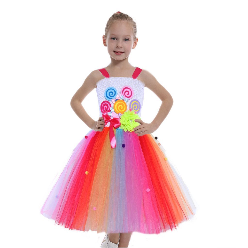 Comércio exterior meninas vestido europeu americano dos desenhos animados pirulito arco-íris gaze vestido crianças princ