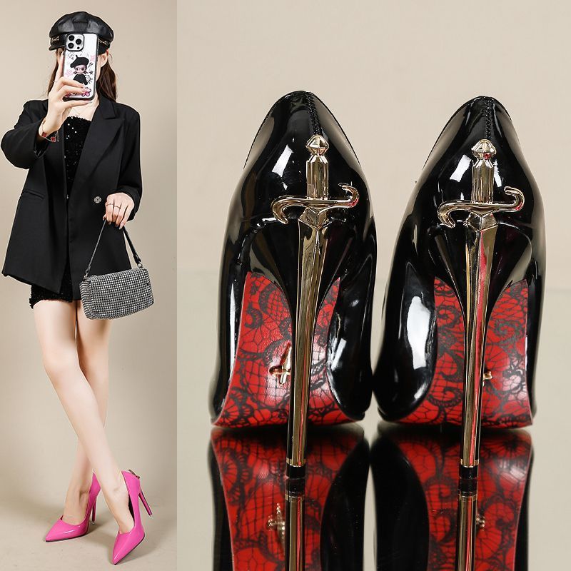 36-50 tamanho influenciador high-End lâmina afiada rainha cetro 12cm salto alto feminino estilo ocidental sola vermelha 