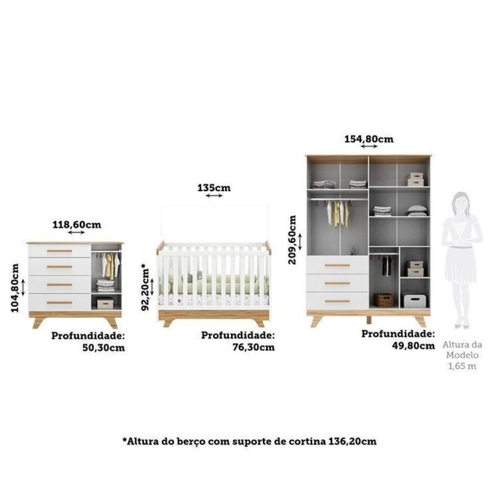 Quarto de Bebê Completo Berço 2 em 1, Cômoda e Guarda Roupa 100% MDF Kakau Yescasa Branco/Amêndoa Branco · foto 2