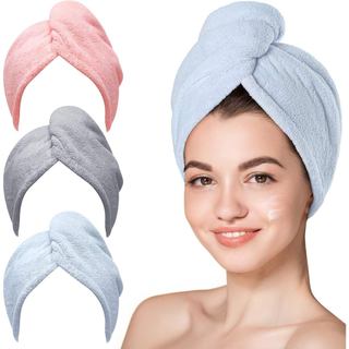 Toalha de microfibra FTHI Hicober para enrolar o cabelo, para mulheres, azul, cinza e rosa, pacote com 3 unidades.