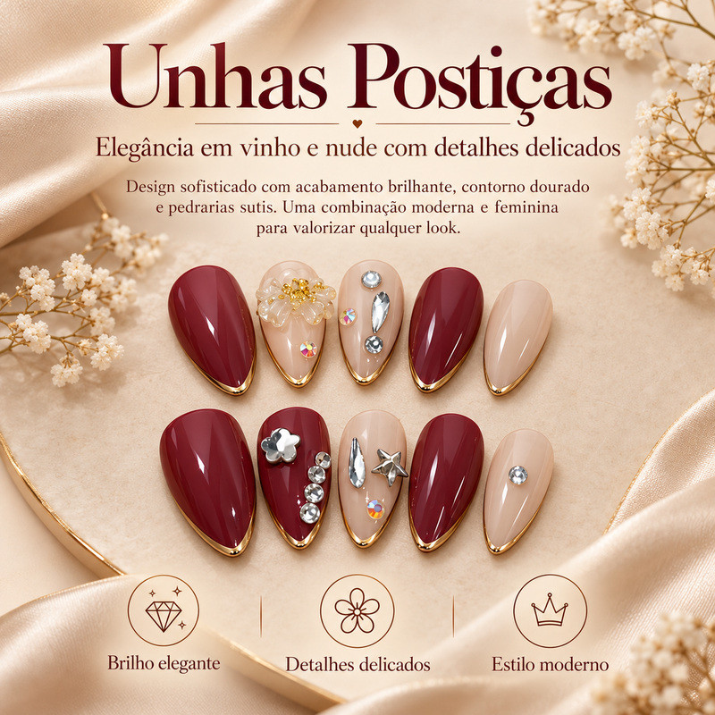 Kit Unhas Postiças de Pressão Amêndoa Vinho e Nude, Contorno Dourado, Strass e Flores