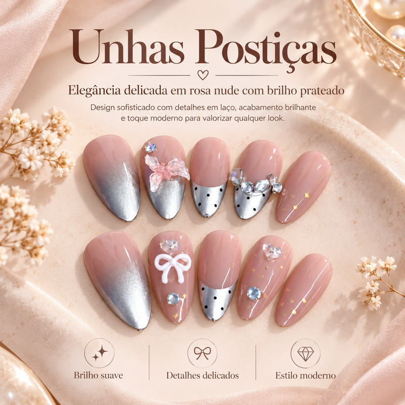 Kit Unhas Postiças de Pressão Amêndoa Nude Rosado, Detalhes Prateados, Laço e Strass