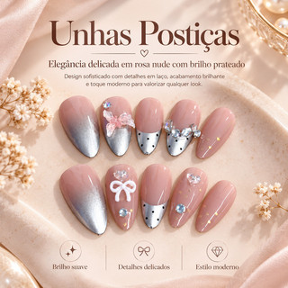 Kit Unhas Postiças de Pressão Amêndoa Nude Rosado, Detalhes Prateados, Laço e Strass