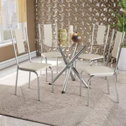 Conjunto Mesa Volga Tampo de Vidro e 4 Cadeiras Lisboa Bege/Cromado/Nude Cromado/Nude