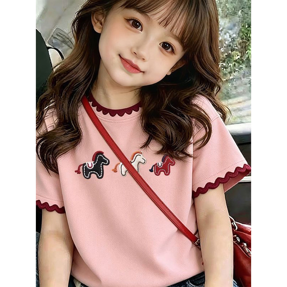 Meninas camiseta de manga curta 2026 crianças versão coreana Casual topo verão novo estilo moda menina rosa renda topo