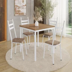 Conjunto Sala de Jantar Mesa Quadrada 90cm Tampo BP com 4 Cadeiras Adriana Branco/Rattan/Demolição