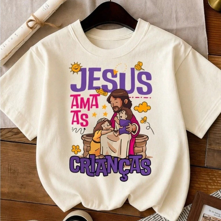 [Camiseta Premium em Algodão Puro]CC Feminina Masculina Jesus Ama as Crianças Cristã Unissex Lançamento Imperdível