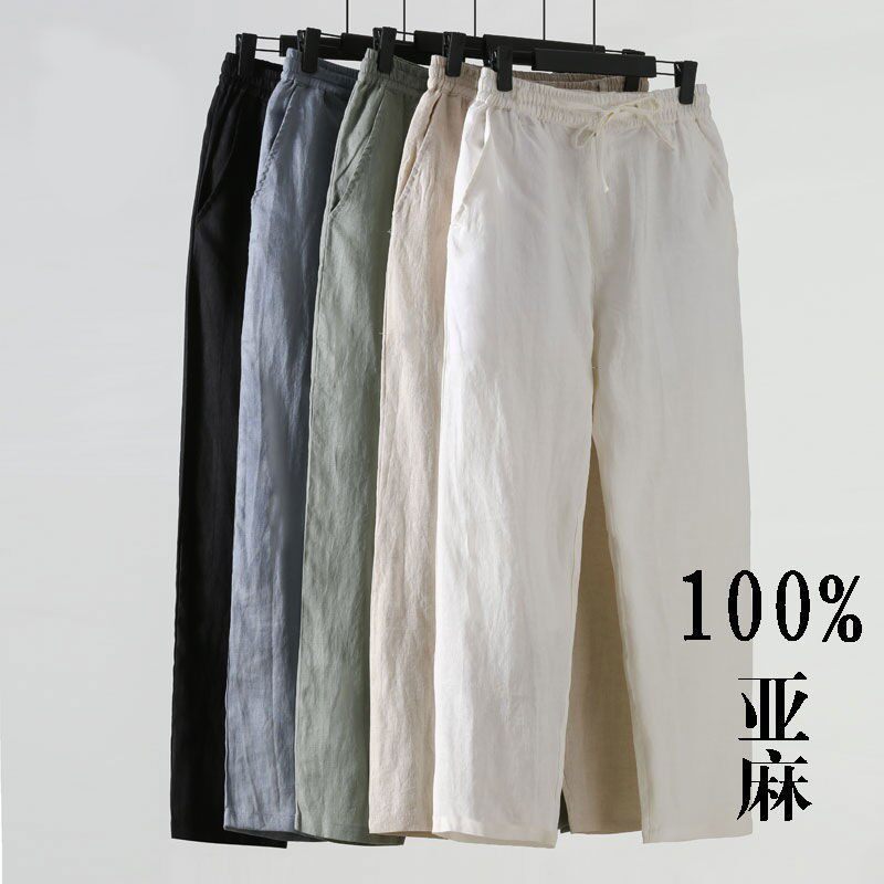 Calças de linho de verão masculinas estilo fino solto tamanho grande algodão linho tornozelo comprimento calças casuais 