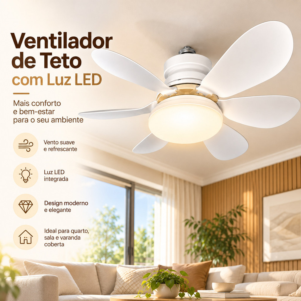 Ventilador Teto Silencioso LED 3 Cores Bulbo 12w com Controle Bivolt 6 Pás Branco Potente