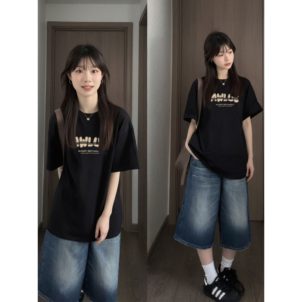 Preto puro algodão de manga curta camiseta feminina 2026 novo estilo verão solto mais magro olhar tamanho grande gordura