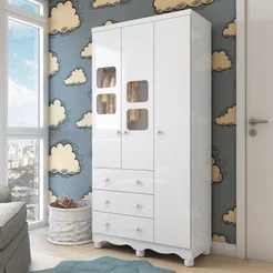 Guarda-Roupa Bebê 3 Portas 3 Gavetas com Janelas e Pés Mimo 100% MDF Espresso Móveis Branco Brilho Branco Brilho