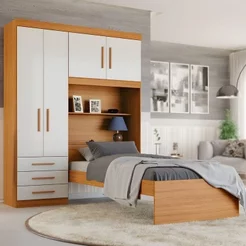 Guarda-Roupa Solteiro com Cama Solteiro 4 Portas 3 Gavetas Advantage Marrom/Freijó Wood/Off-White Freijó/Off White