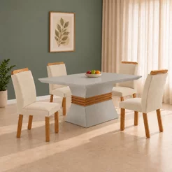 Conjunto Sala de Jantar Mesa e 4 Cadeiras Santorini Yescasa Veludo Creme/Off White/Imbuia