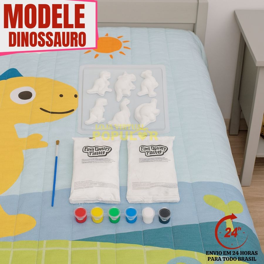Molde e Pinte Dinossauros Pincel 6 Modelos De Peças 6 Cores De Tintas
