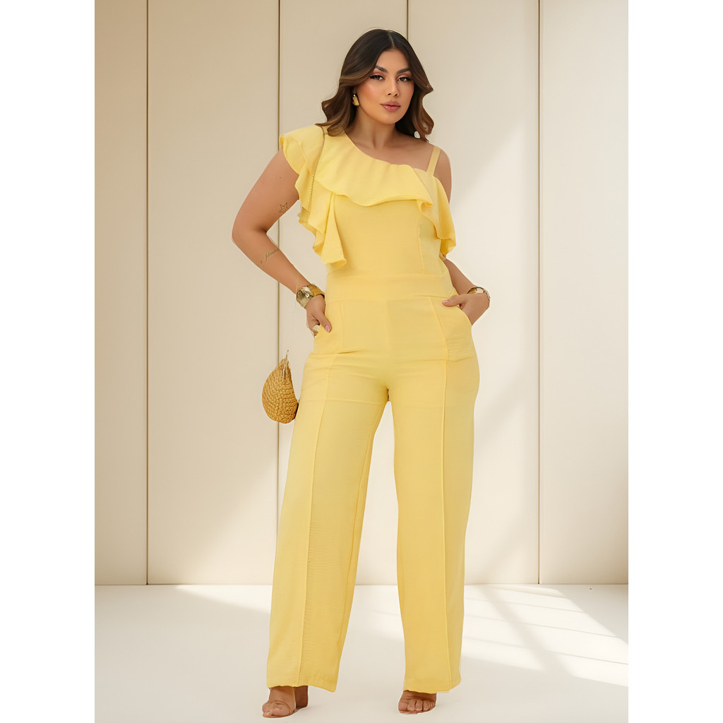 Macacão Longo Tipo Pantalona Alcinha com Bolsos Confortável