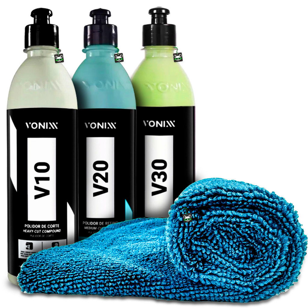 Kit Polimento Verniz Asiático Macio V10 Corte + V20 Refino + V30 Lustro + Toalha Microfibra Vonixx