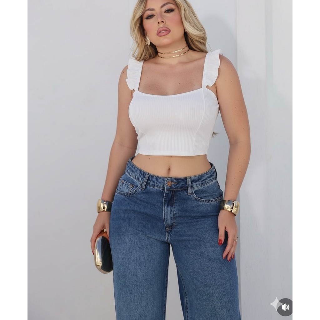 Blusa cropped feminino canelado estica alça regata babado blog elegante
