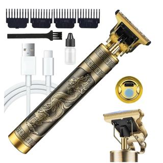 Máquina Maquininha de Cortar Cabelo Barbear Detalhe Pezinho Acabamento Dragão Vintage Profissional Recarregável USB Kit