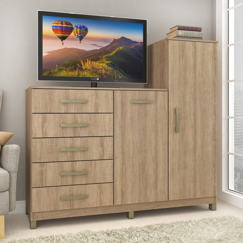 Cômoda 2 Portas 5 Gavetas com Cabideiro e Pés Chicago Mel em Oferta na Shopee