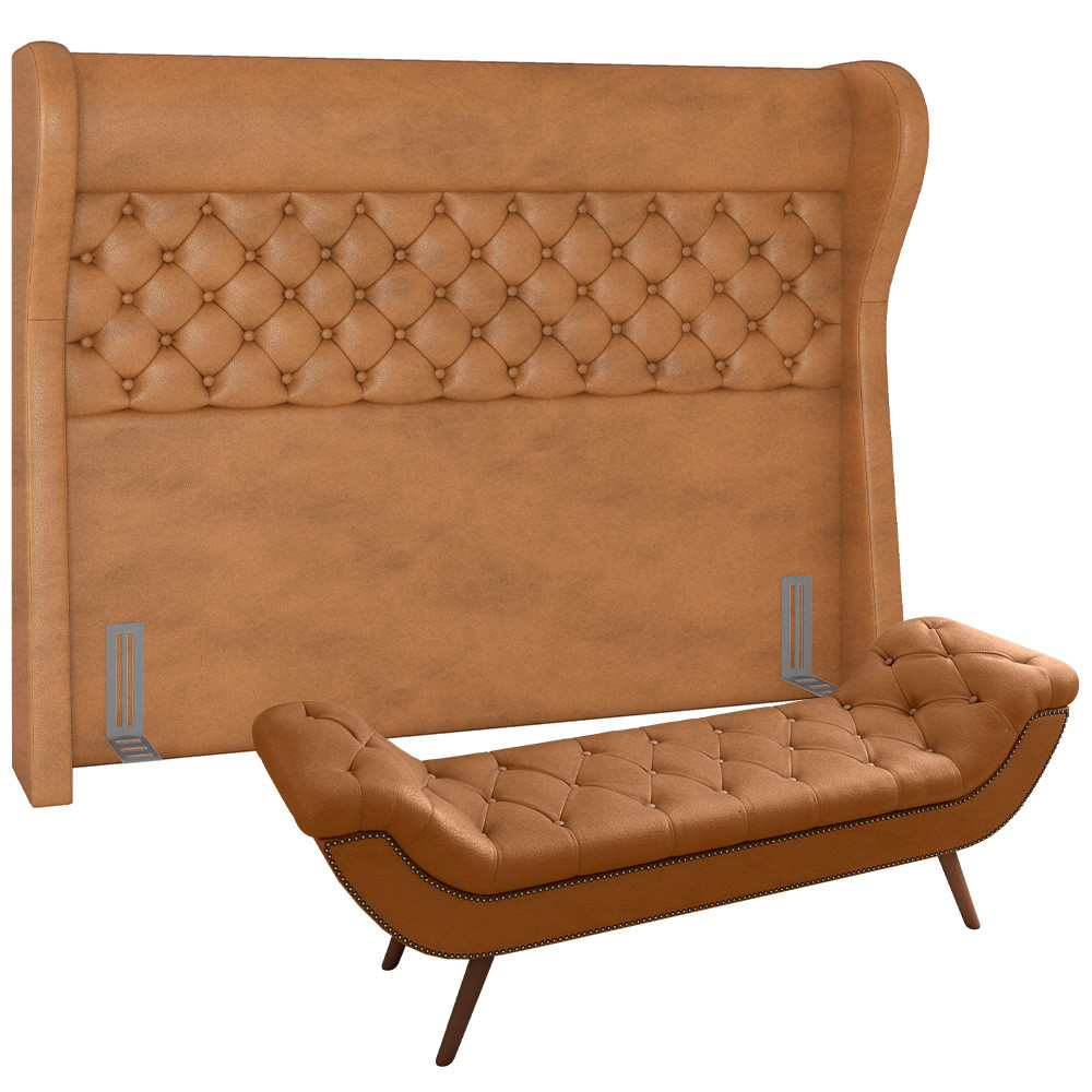 Kit Cabeceira Cama Box Queen 160 cm Madrid com Puff Recamier Santorini P05 Couríssimo Whisky - Lyam Decor