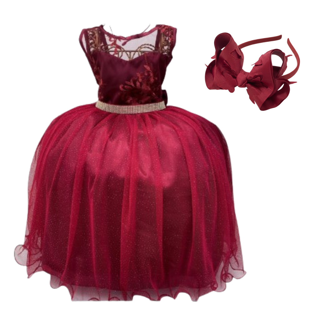 Vestido Festa Infantil Marsala Tiara Renda Luxo 2109