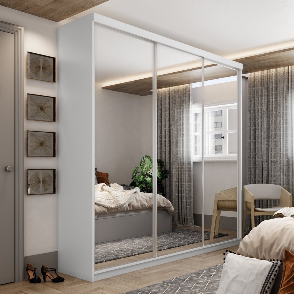 Guarda-roupa Solteiro 100% Mdf Bp com 3 Portas de Espelho Geneve Branco em Oferta na Shopee