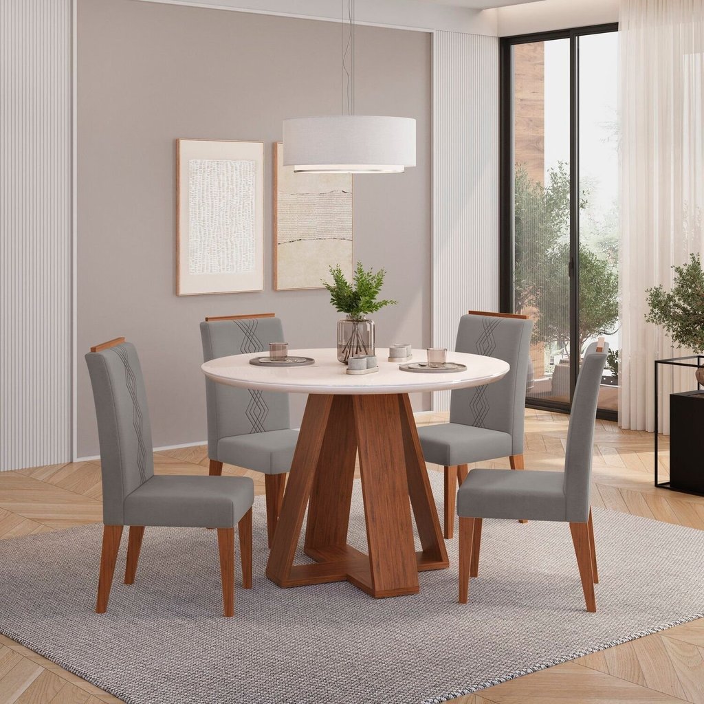 Conjunto Sala de Jantar Mesa Redonda Kiara Tampo de Vidro com 4 Cadeiras Yasmin Freijo/Off White/Veludo Lunar em Oferta na Shopee