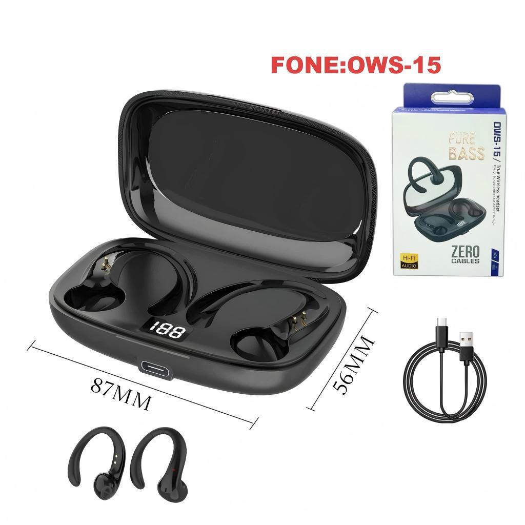 Fone De Ouvido OWS-15 Sem Fio Bluetooth Com Microfones Alta Fidelidade Som Estéreo Toque Inteligente Esportes