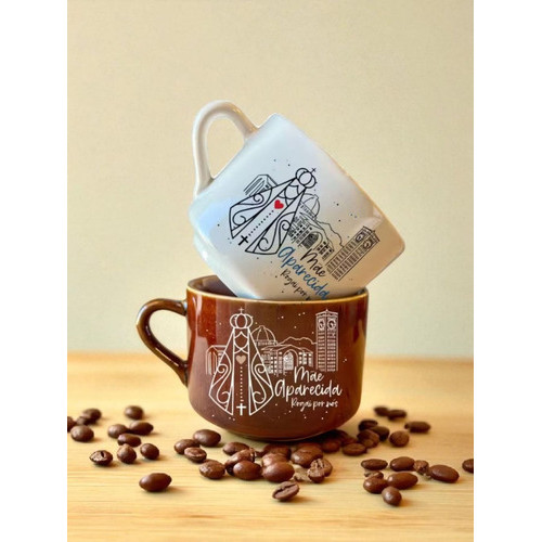 Caneca Ceramica Xicara 150ml Marrom Branca Louça Nossa Senhora Aparecida Coração Presente Lembrança