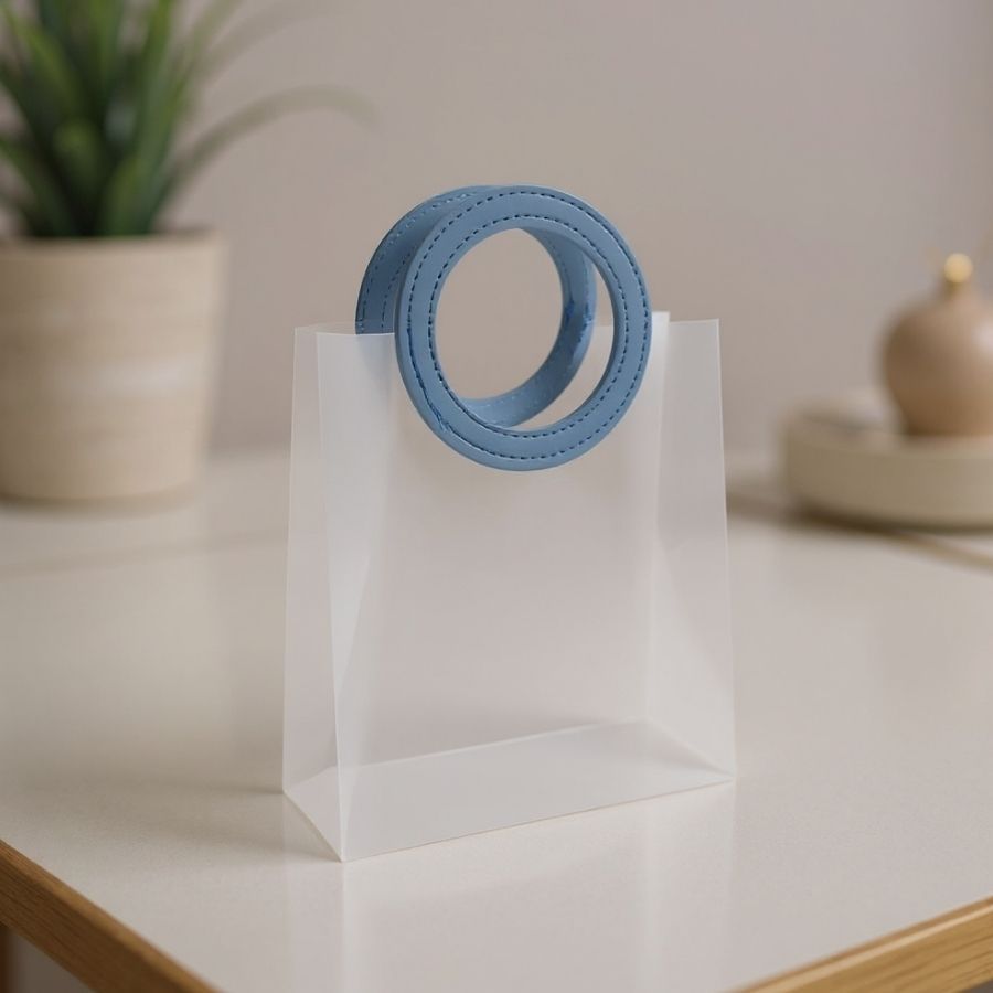 Sacola Transparente Fosca PVC com Alça Redonda de Couro Azul - 18,5x16x8cm - 1 unidade - Rizzo