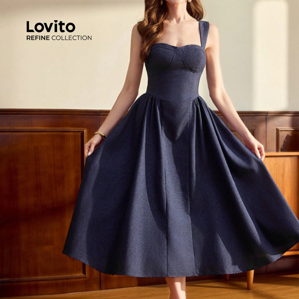 Detalhes do Lovito Refine Vestido Casual com Bolso para Primavera Verão Azul Feminino LR23E014