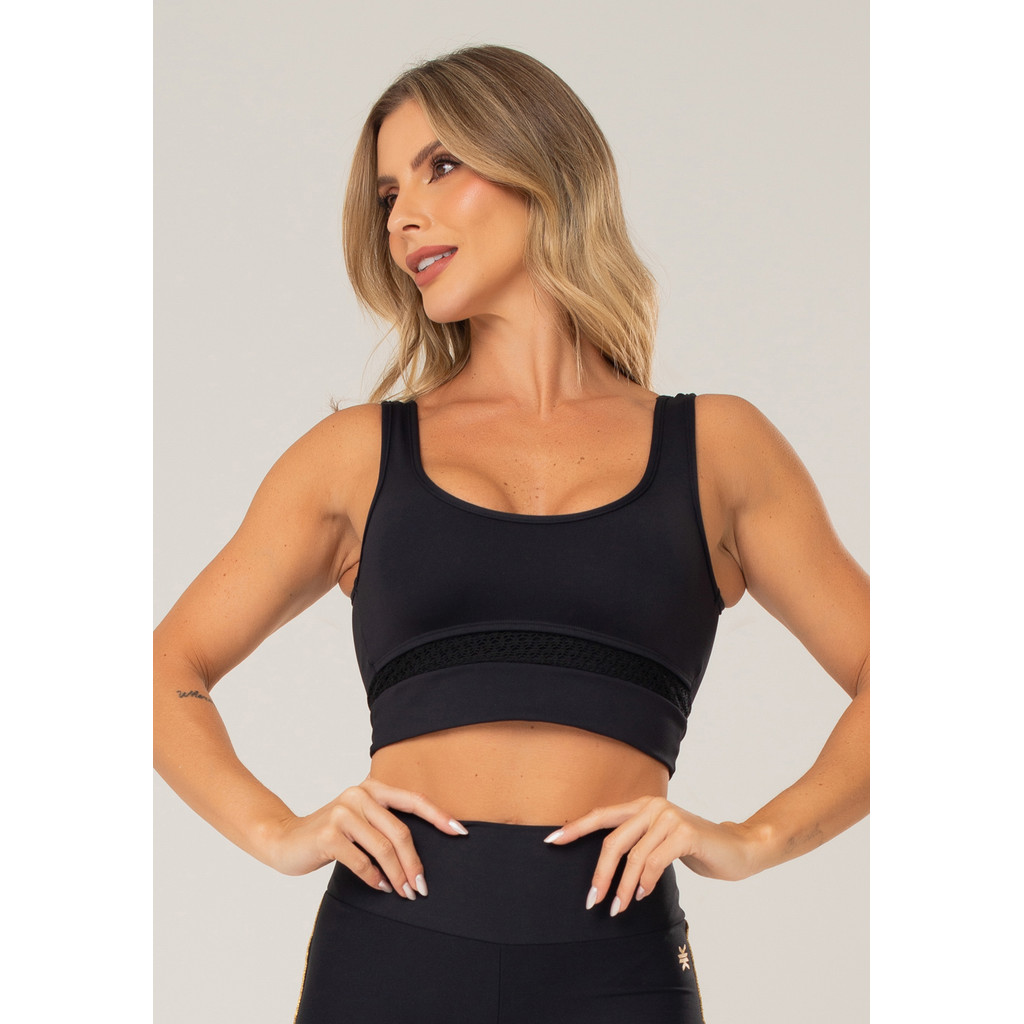 TOP FITNESS FEMININO COM DETALHE EM TELA LUSH DLK em Oferta na Shopee